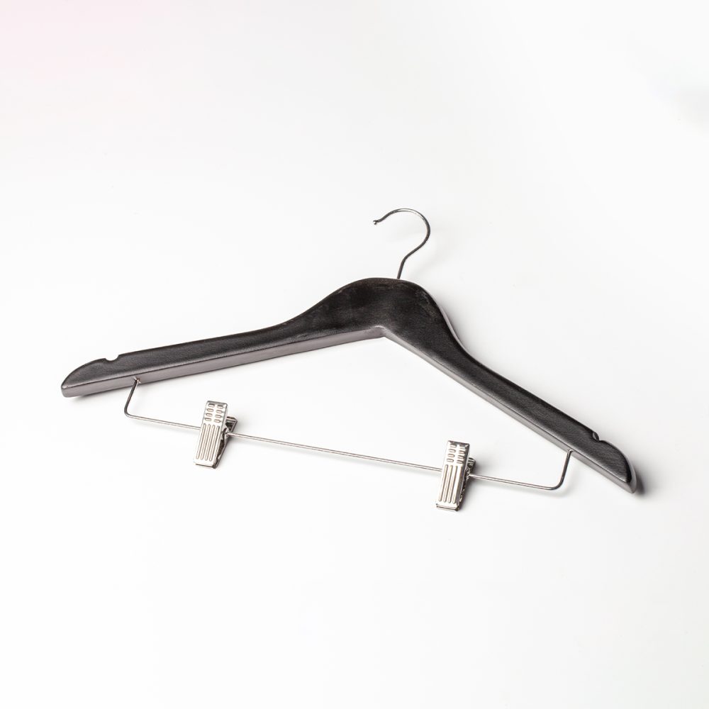 Image of Wooden Coat Hanger with Skirt Clips - Black (5 Pack)