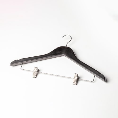 Wooden Coat Hanger with Skirt Clips - Black (5 Pack)